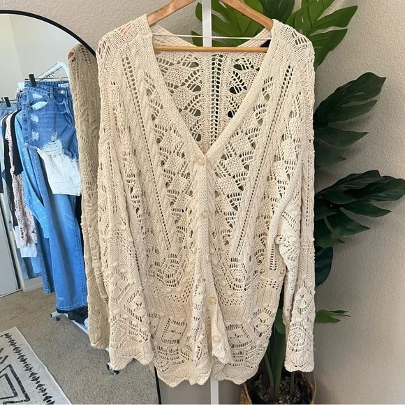 ✨ Boho Crochet Open Knit Cream Cardigan Sz 2X | 100% Cotton - Picture 1 of 8